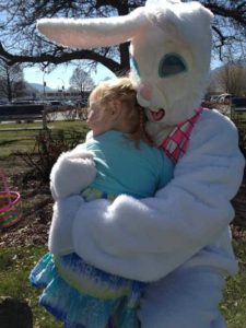 Easter bunny hugs at the Loco Landing Easter Egg Hunt in Penticton.
