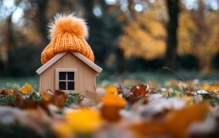 A charming miniature house warmly covered by a knitted cap, nestled among colorful autumn leaves, ready for winter.