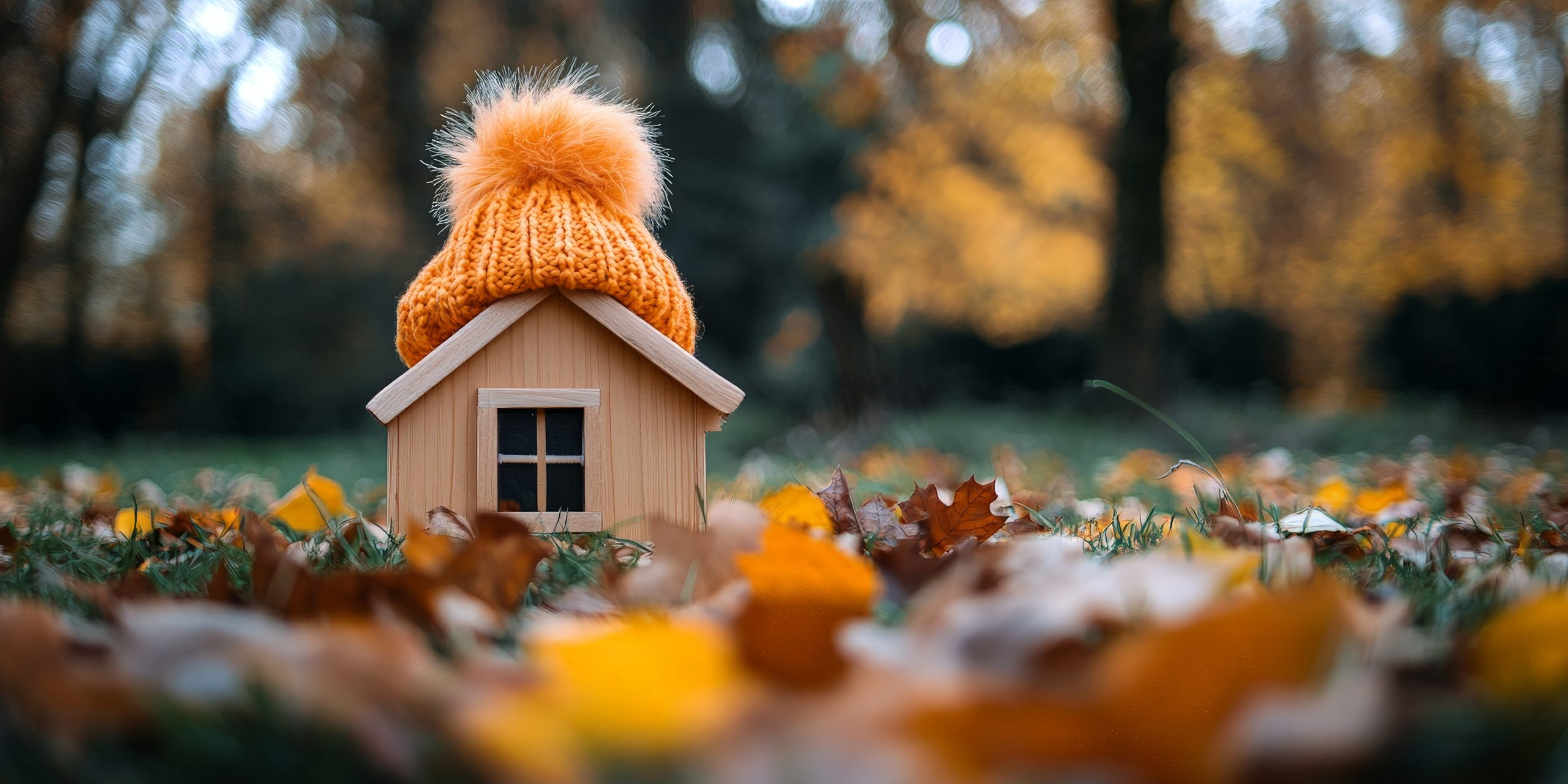 A charming miniature house warmly covered by a knitted cap, nestled among colorful autumn leaves, ready for winter.